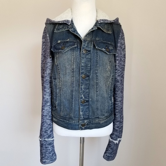 Free People Jackets & Blazers - Free People Distressed Knit Hooded Denim Jacket